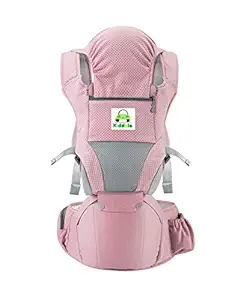 Kiddale Baby Carrier Sling, Kangaroo Bag, Carrying Belt with Detachable Hip Seat, Adjustable Waist Length(Upto 41 inch), Ergonomically Designed, Weather Shield Head Protector, Side Pockets -Pink