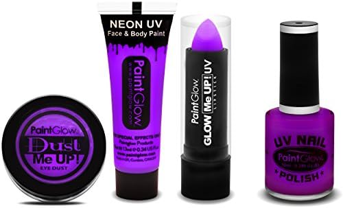 4PC Professional Neon UV Make up Collection with High Pigment Purple Colour for Face Body Eyes Lips and Nails PAINTGLOW™