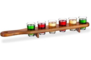 Avilia Juego de vasos de chupito con 6 vasos – Soporte para vasos de chupito con vasos incluidos, de madera y cristal, 45 x 6,5 x 7 cm y vasos de 40 ml