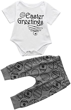 Dreamkon Baby Easter Outfits Set, Fashion 2pcs Infant Baby Boys Girls Easter Eggs Letter Print Romper +Pants (0~3 Month, White)
