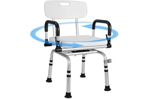 LIROPAU Krzesło prysznicowe obracane o 360°, stołek prysznicowy dla seniorów z oparciem i podłokietnikiem, regulacja wysokości 40-48 cm, antypoślizgowy stołek łazienkowy dla kobiet w ciąży w podeszłym wieku