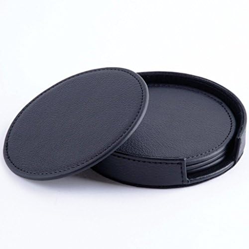 Magic Vosom Leather Coaster with Coaster Holder for Wine, Coffee and Tea Black