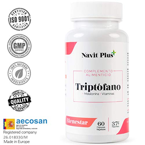 L-Triptófano de Navit Plus. Triptófano 500 mg + B6 + B3 + B2 + Melatonina. 60 cápsulas vegetales, tratamiento 2 meses. Complemento alimenticio para regular el sueño, la ansiedad y el estado de ánimo.