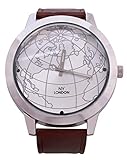 NY London Herren Silber Lünette Braun PU Lederband Globus Weltkarte Analog Watch Haken Schnalle Extra Batterie