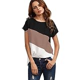 Dorical Sommer Damenshirt Kurzarm Chiffon Patchwork Einfach Slim Fit Casual T-Shirt O-Neck Locker Lose Tops Elegant Oberteil Bluse Pullover Tee Shirts Crop Top Valentinstag-Shirt (Kaffee,L2)