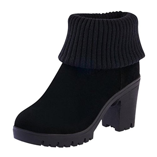 Preisvergleich Produktbild Damenschuhe,DOLDOA Gestrickte Nähen Kunstleder Chelsea Boots Hohen Absätzen Lange Stiefel (EU: 38, Schwarz ,Hohen Absätzen Lange Stiefel)