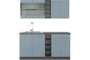Vicco Livinity Cucina completa R-line, Blu-grigio/antracite, 160 cm, PT Antracite