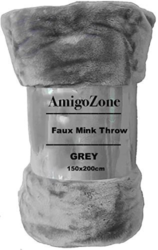 AmigoZone Soft Luxury Faux Fake Fur Mink Throw Sofa Bed Blanket (Silver Grey, Double)