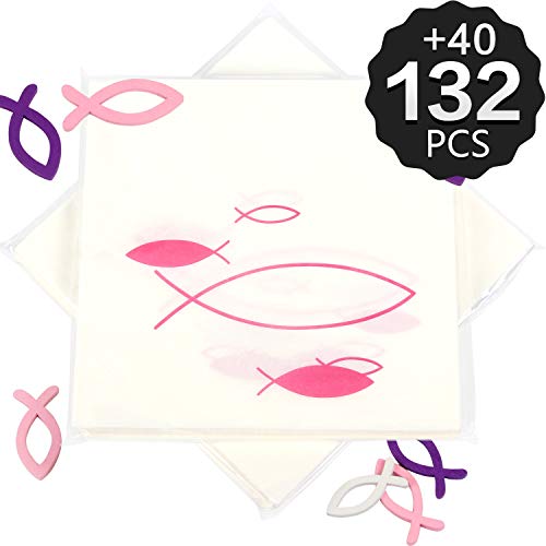 Upchase 132+40 Servietten Fische,Taufe Deko Fisch,Kommunion oder Konfirmation,Fische Streudeko Holz,Tischdeko Konfirmation,oder andere Festliche Anlässe,Junge-mdchen pink (Rosa Lila Weiß)