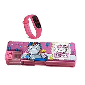 IZU Multipurpose Magnetic Pencil Box with Calculator, Dual Sharpener for Girls & Boys +Digital Watch, (Assorted Watch Color) (Unicorn-1)