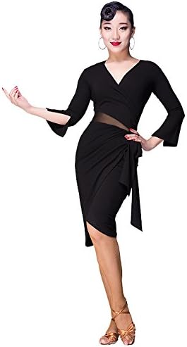 Women Latin Dance Dress V Neck Long Sleeves Side Straps Split Practice Skirt . Black . S