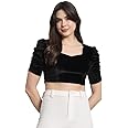 Vaararo Velvet Blouse Tops for Women | Party Puff Sleeves Readymade Outfit