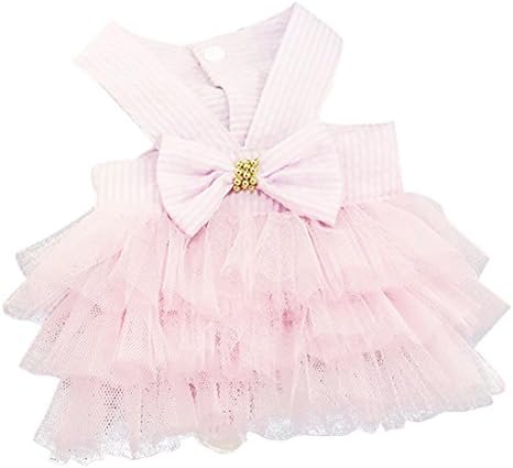 Small Pet Puppy Costume Apparel Clothes, Hmeng Summer Bowknot Tutu Skirt Stripe Lace Dress Dog Princess Party Dresses (Size:M, Pink)
