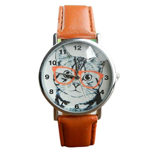 Vovotrade Vogue linda gato patrón de cuero banda analógica cuarzo reloj para mujer chica (d)