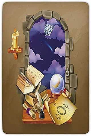 Bathroom Bath Rug Kitchen Floor Mat Carpet,Astrology,Medieval Ancient Castle Window with Crystal Ball Clouds Parchment Decorative,Teal Grey White and Purple,Flannel Microfiber Non-slip Soft Absorbent