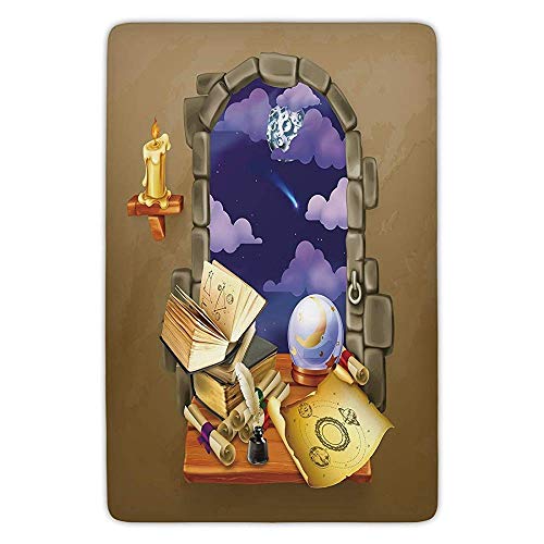 Bathroom Bath Rug Kitchen Floor Mat Carpet,Astrology,Medieval Ancient Castle Window with Crystal Ball Clouds Parchment Decorative,Teal Grey White and Purple,Flannel Microfiber Non-slip Soft Absorbent