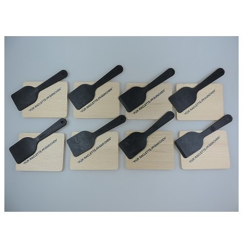 Viva-Haushaltswaren Raclette Zubehör-Set 16 teilig für 8 Personen / bestehend aus: 8 Holzbrettchen mit Aufdruck und 8 Racletteschiebern aus hochwertigem Kunststoff inkl. einer Geschenktasche