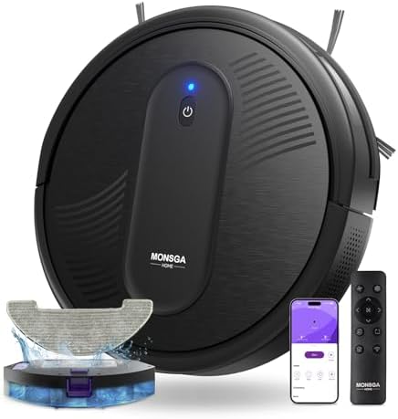 MONSGA Robot Aspirapolvere Lavapavimenti 3-in-1 4000Pa, Autonomia 140min, Anti-groviglio, Ricarica Automatica, Controllo App/Telecomando/Alexa, Silenzioso, Per Peli Animali, Pavimenti e Tappeti