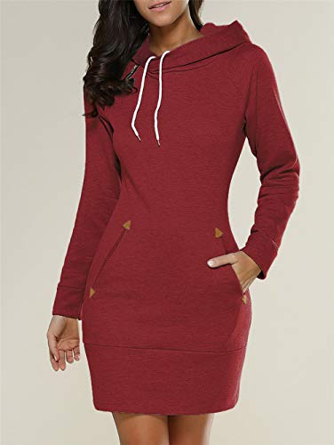 Preisvergleich Produktbild Swallowuk Hoodies Kleider Damen Langarm Sweatshirt Kleid Rollkragen Bodycon MiniKleid Cocktail Partykleid Outwear Lange Pullover Kapuzenpullover (S, Weinrot)