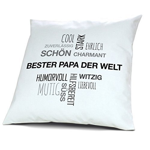 Kopfkissen mit Namen Bester Papa der Welt - Motiv Positive Eigenschaften Tagcloud Schwarz, 40 cm, 100% Baumwolle, Kuschelkissen, Liebeskissen, Namenskissen, Geschenkidee