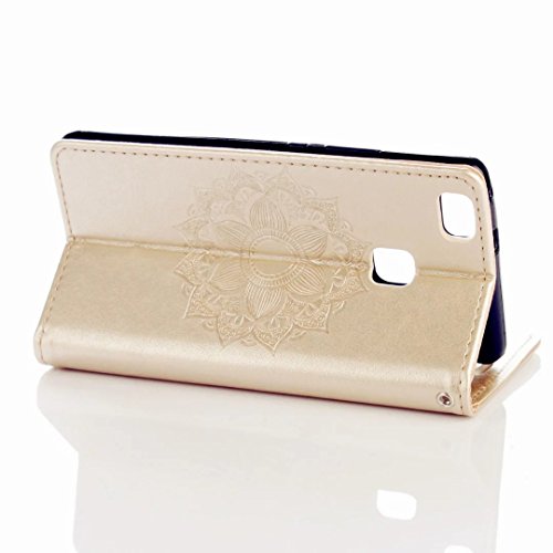 MUTOUREN für Huawei P9 Lite PU Leder Brieftasche + TPU Silikon Schutz Handy Hülle Case Cover [Kratzfeste, Scratch-Resistant] Hülle Schutzhülle Bookstyle Geprägtes Indische Sonne Henna Fall-Abdeckung Etui Bumper Schale – Gold + Metall Stift Stylus Pen - 4