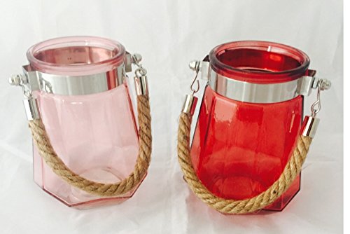 Windlicht Teelichthalter rosa oder rot 2 Farben zur AUSWAHL 14 cm hoch aus Glas mit Kordel • Teelichthalter Gartendekoration Gartendeko (Auswahl Farbe ROSA) - 3