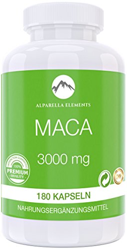 Alparella Elements - Maca 3000 | fabriqué en Allemagne | 180 Capsules contenant 3000mg d'extrait de racine de Maca | à favoriser la croissance musculaire & Anti-stress | 100% Satisfait ou remboursé