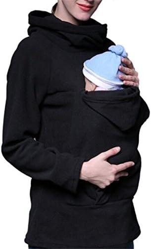 TUOKING Happy Baby Carrier Sweater Mom Kangaroo Long Sleeve Hoodies Coat (L, Black)