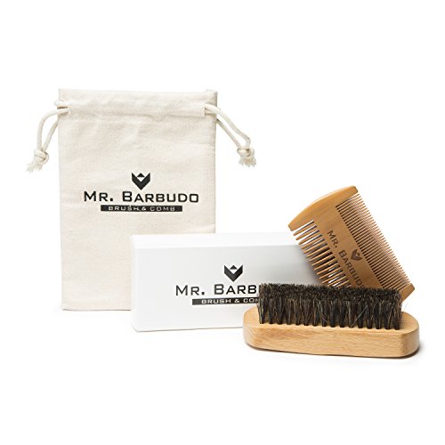 Mr. Barbudo Cepillo Para Barba Cerdas de Jabalí y Peine a Juego Con Bolsa Estuche Premium