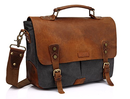 Vaschy Leder Umhängetasche Beiläufiger Echtes Unisex Messenger bag Laptop Schulterbeutel Rucksack mit abnehmbarem Bügel