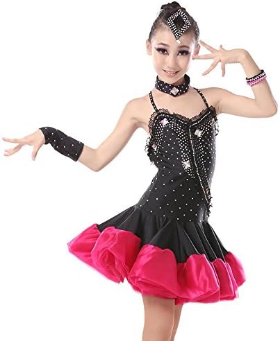 YI WOELD Girl Latin Dance clothing Ms Rumba dance Diamond gymnastics dress black red , black+red , 140cm