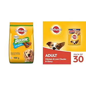 Pedigree Biscrok Biscuits Valentines Gift Dog Treat (Above 4 Months) Chicken Flavour, 500G Pack & Adult Wet Dog Food, Chicken & Liver Chunks in Gravy, 2.1 Kg (70 G X Pack of 30)