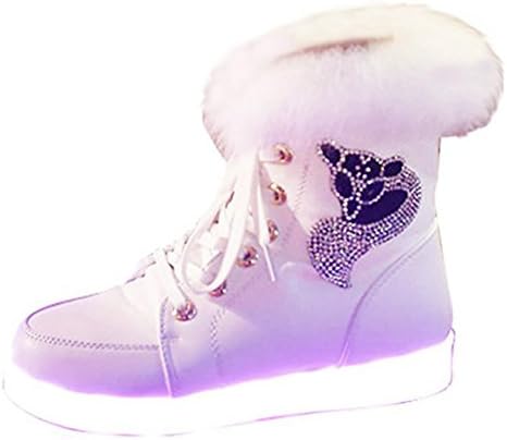 Dniu Women's Fur Lined Flat Heel Lace Up Ankle Boots,LED Flashing Waterproof Snow Boots with Mounted Fox Pattern(White,5.5 UK)