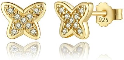 925 Sterling Silver Earrings Studs Set with Clear Blue Cubic Zirconia Various Styles,Sold as Pair (Golden Butterfly)