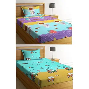 NEW LEAF Cotton Feel Soft and Smooth Cartoon Printed 2 Single Bedsheets Special for Kids or Your Baby with 2 Matching Pillow Covers (Jeep car Bus & Ranbow)
