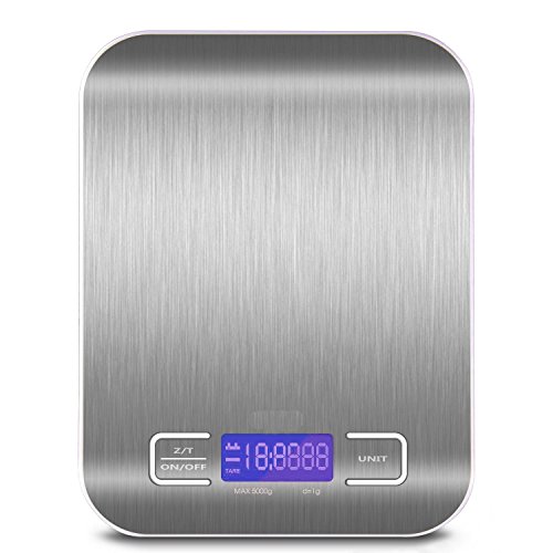 TopEUR Digitale Küchenwaage, Digitalwaage Electronische Waage Lebensmittelwaage Edelstahl Briefwaage Gramm-Skala Präzisionswaage Tara-Funktion, LCD-Display, Inkl Batterie (5000g, 0.1oz / 1g)