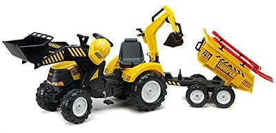 Falk - 1000Wh - Tractopelle Powerloader/Casque/Excavatrice/Dumper Maxi 4 Roues/Pelle Et Râteau - Jaune