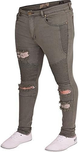 Island Trading New Mens Skinny Super Stretch Fit Ripped Biker Jeans Waist Khaki Waist 34 Leg 32" (34R) Khaki Green