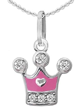 CLEVER SCHMUCK-SET Silberner Anhänger kleine Prinzessinnen Krone 9 x 8 mm teils rosa pink lackiert mit Zirkonias...