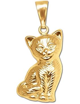 CLEVER SCHMUCK Goldener Anhänger Katze sitzend, beidseitig plastische Form, Fell als Strichmuster glänzend 333...