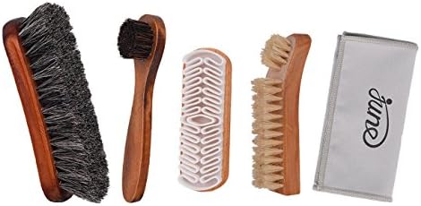 Shoe Shine Brush Kit 5 in 1 with Soft Horsehair Bristle Brush, Crepe Suede Brush, Boar Bristle Brush and Dauber Shoe Brush and Suede Polishing Cloths for Leather Cloth, Boot, Bag, Suede, and Sneakers.