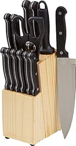 AmazonBasics Stainless Steel Knife Set with High-carbon Blades and Pine Wood Block, 14 Pieces