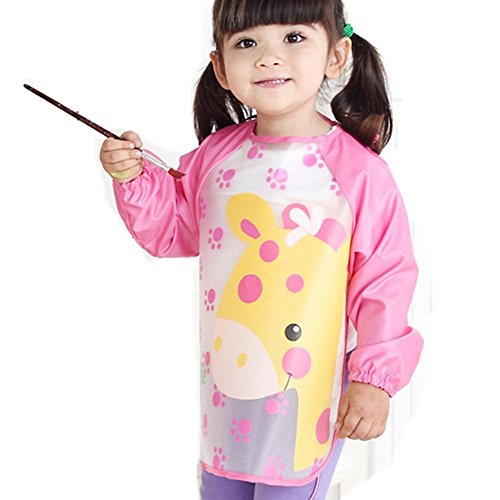 URAQT Unisex Baby Bib Waterproof Long Sleeve ,Eat and Play Smock for Kids,Toddler Apron of PEVA,Pattern Animal (Pink Giraffe)
