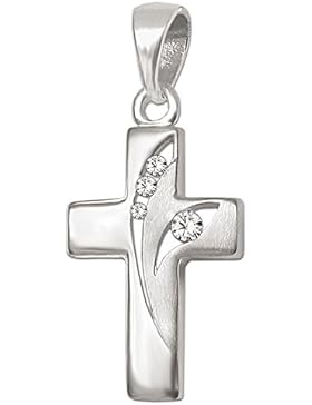 CLEVER SCHMUCK Silberner Anhänger Kleines Kreuz, 2 Bögen offen, mit 3 + 1 Zirkonias weis, matt und glänzend STERLING...