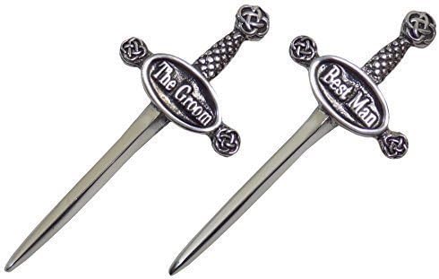 THE GROOM &amp; BEST MAN FINEST PEWTER WEDDING CELTIC SWORD SHAPE KILT PINS 9.5 X 4 X 1CM MADE IN UK