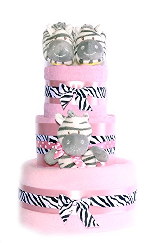 3 Tier Girls print Zebra Stripes Themed Pink Nappy Cake Baby gift basket - FAST DELIVERY!