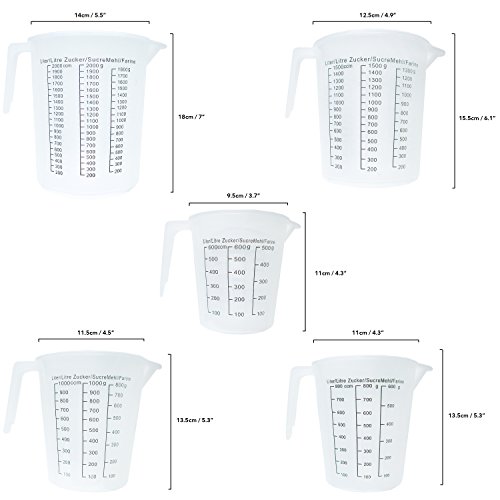 5 Stück Messkannen/Messbecher aus Kunststoff von Kurtzy- Küchenzubehör zum Kochen Utensilien Geschirr Becher Messtassen Set mit Gießauslauf – Flüssigkeitsmess-Skala 2000 ml 1500ml 1000ml 800ml 600ml – Ideal für alle angehenden Chefköche - 2