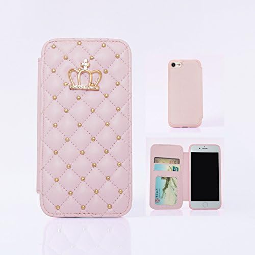 For iPhone 7 Case, Gray Plaid Superior Luxury Crown Design Slim Fit PU Leather Flip Protective Case Cover with Card Pockets for iPhone 7 - Pink