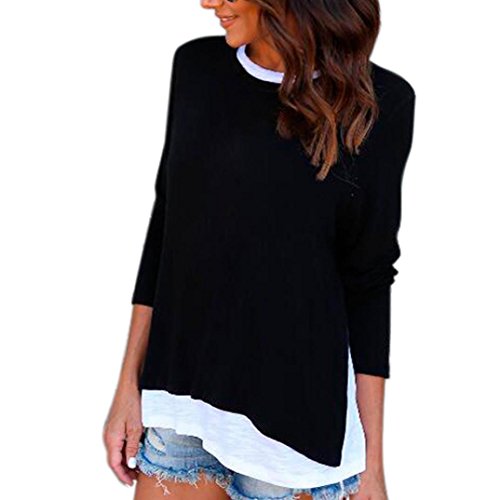 Preisvergleich Produktbild Damen Oberteile,DOLDOA O-Ausschnitt gefälschte zwei langärmeliges Bluse Pullover Gr.38 - 46 (EU:46, Schwarz - Gefälschte zwei langärmeliges Oberteile)