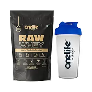 Onelife Raw Whey Imported Whey Protein Concentrate 80%, Unflavored, 24 g protein, 33 servings, 1 Kg With Free Shaker